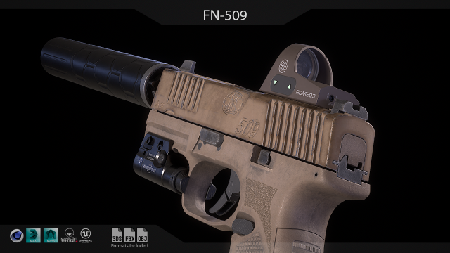 FN 509 Pistol 3D Model .c4d .max .obj .3ds .fbx .lwo .lw .lws