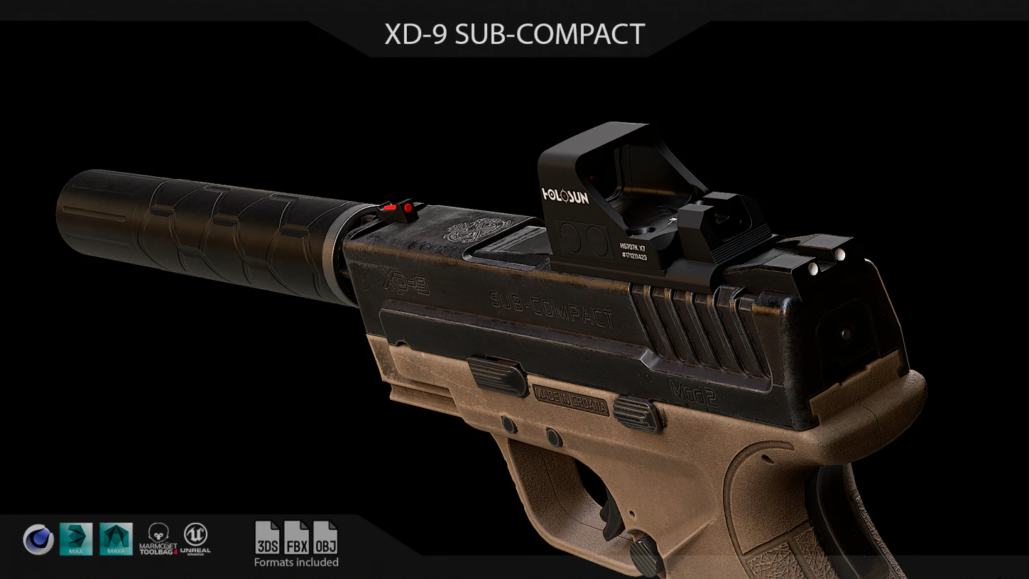 XD-9 Sub Compact Pistol 3D Model .c4d .max .obj .3ds .fbx .stl .blend