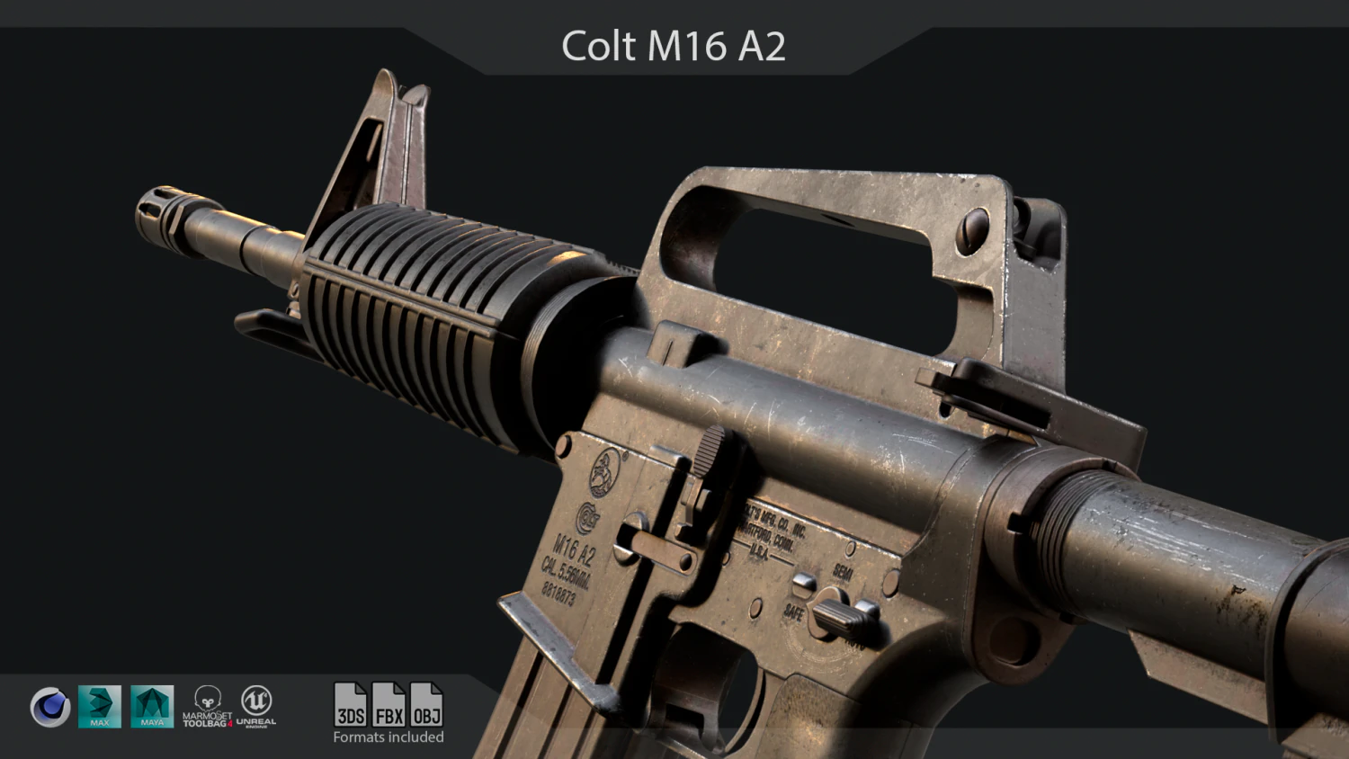 Colt M16 A2 Assault Rifle 3D Model .c4d .max .obj .3ds .fbx .stl .blend