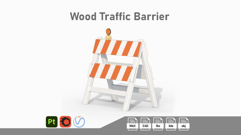 Wood Traffic Barrier 3D Model .c4d .max .obj .3ds .fbx .stl .blend 