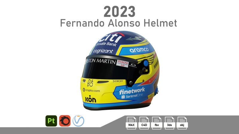 F1 Fernando Alonso Helmet 2023 3D Model .c4d .max .obj .3ds .fbx .stl .blend 