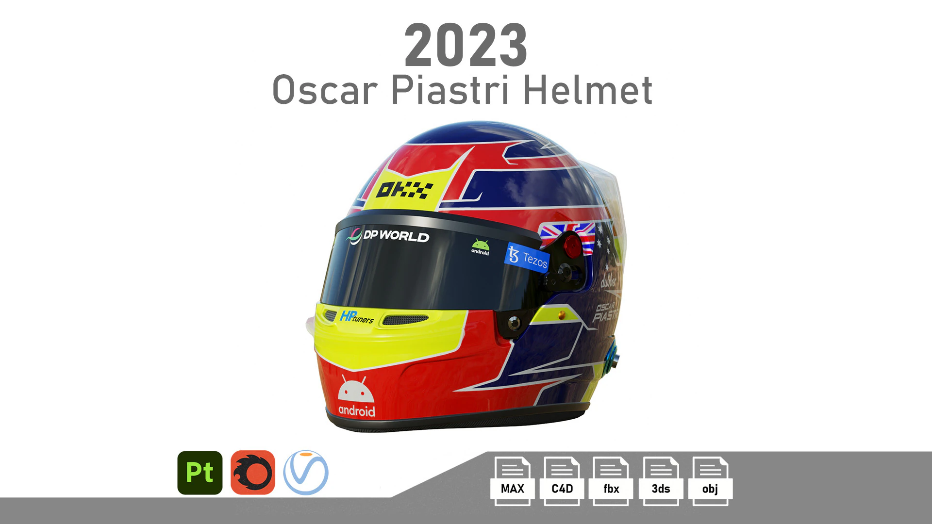 F1 Oscar Piastri Helmet 2023 3D Model .c4d .max .obj .3ds .fbx .stl .blend 