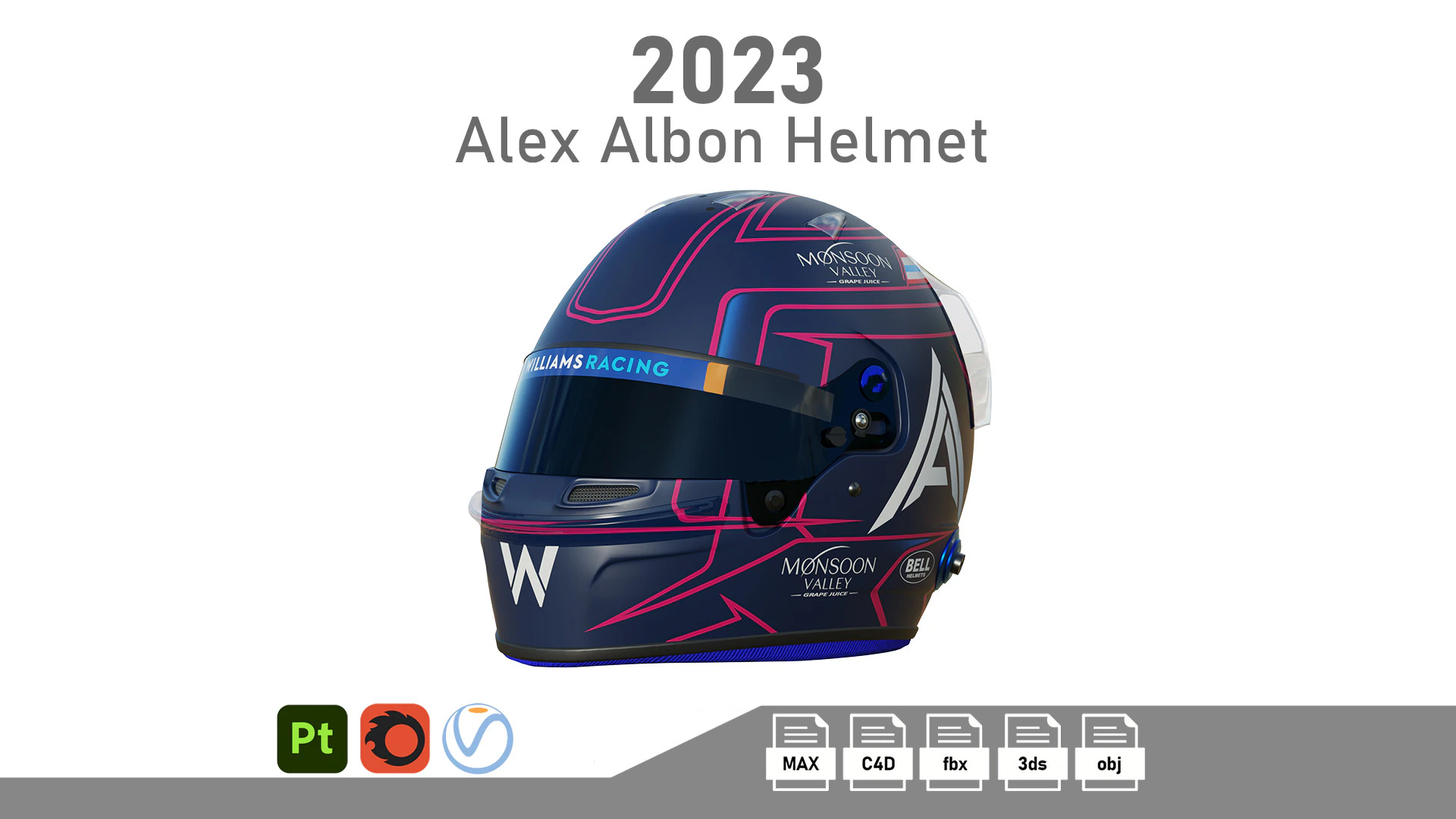 F1 Alex Albon Helmet 2023 3D Model .c4d .max .obj .3ds .fbx .stl .blend 