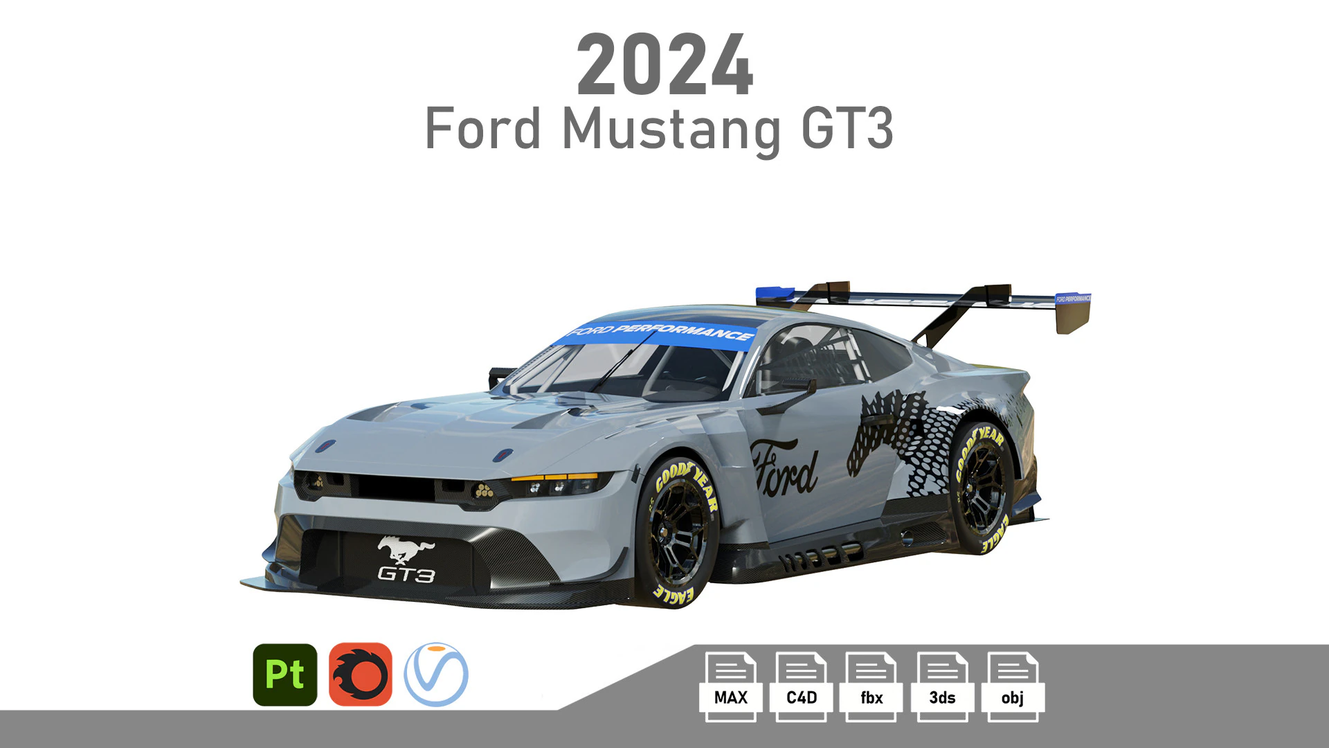 Ford-Mustang GT3 2024 3D Model .c4d .max .obj .3ds .fbx .stl .blend 