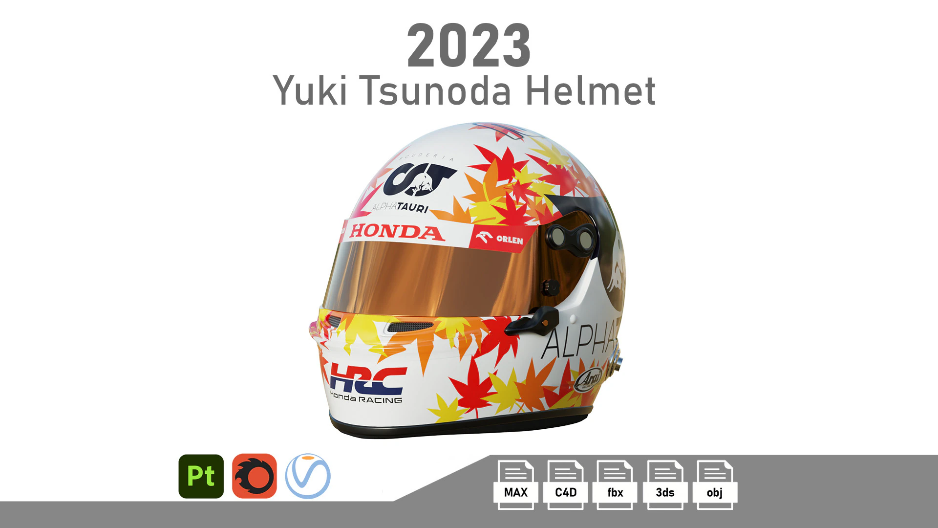 F1 Yuki Tsunoda Helmet 2023 3D Model .c4d .max .obj .3ds .fbx .stl .blend 