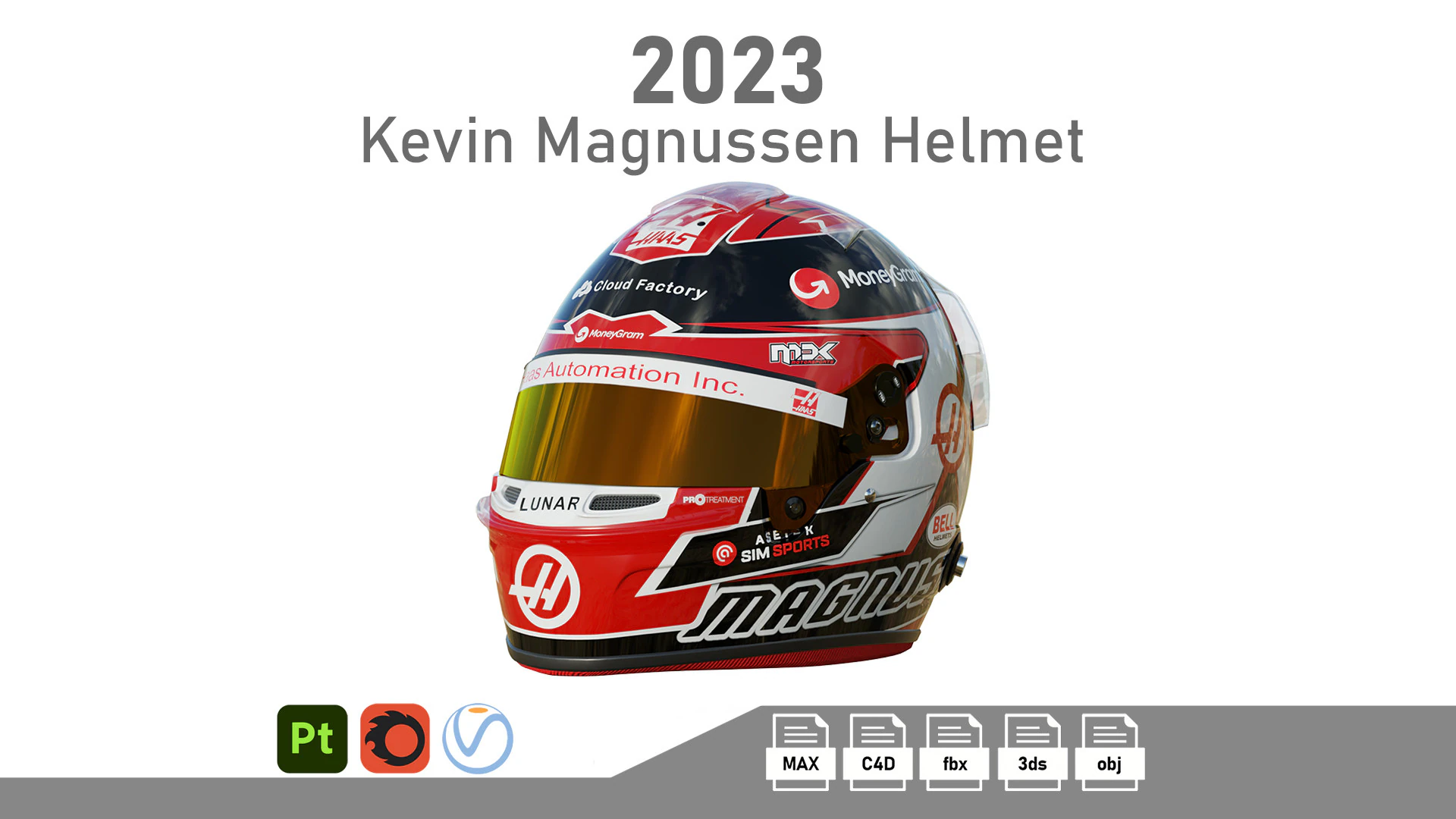F1 Kevin Magnussen Helmet 2023 3D Model .c4d .max .obj .3ds .fbx .stl .blend 