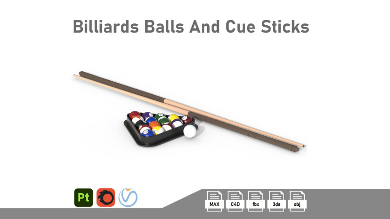 Billiards Balls And Cue Sticks 3D Model .c4d .max .obj .3ds .fbx .stl .blend 