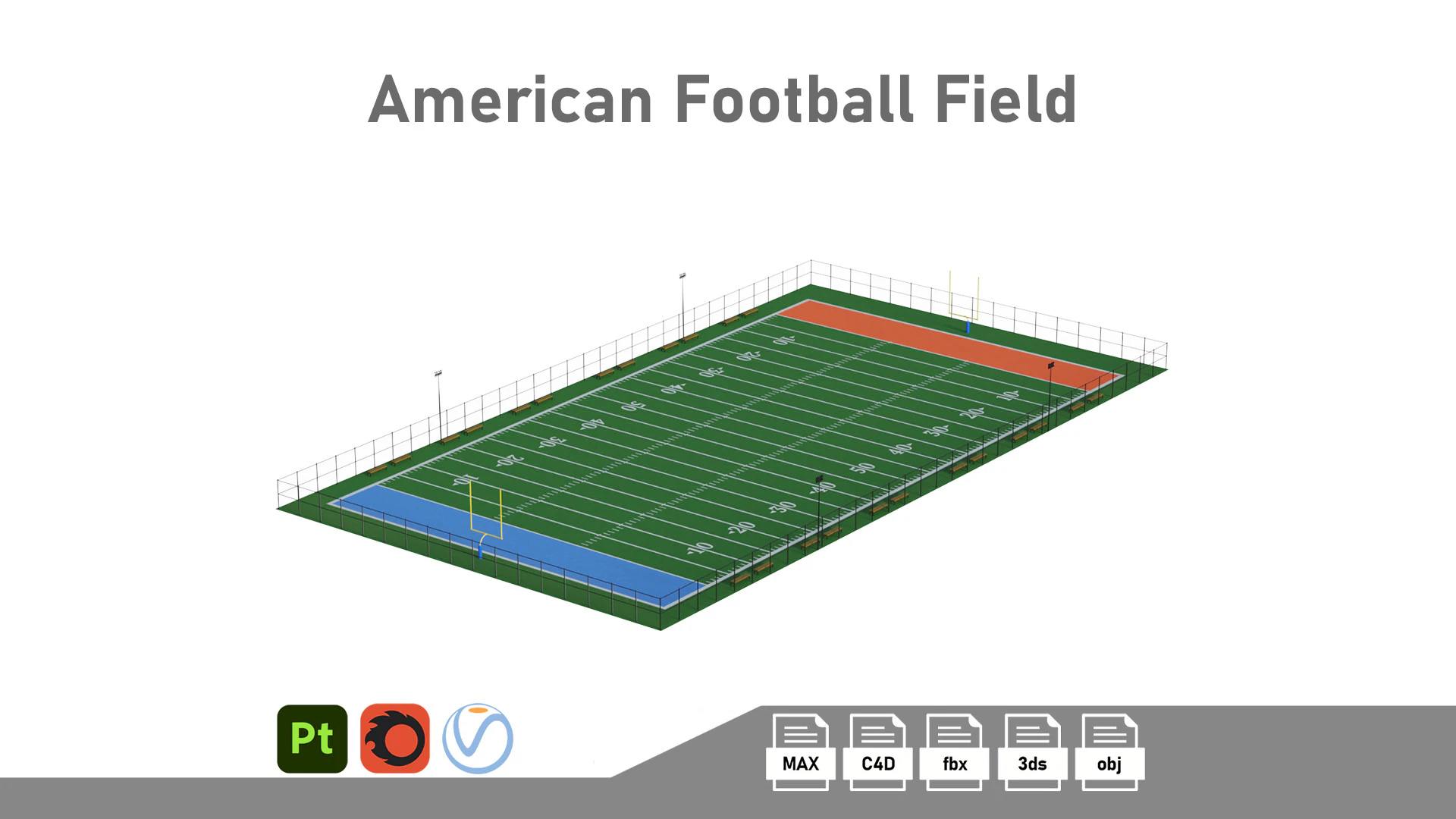 Football field 3D Model .c4d .max .obj .3ds .fbx .stl .blend
