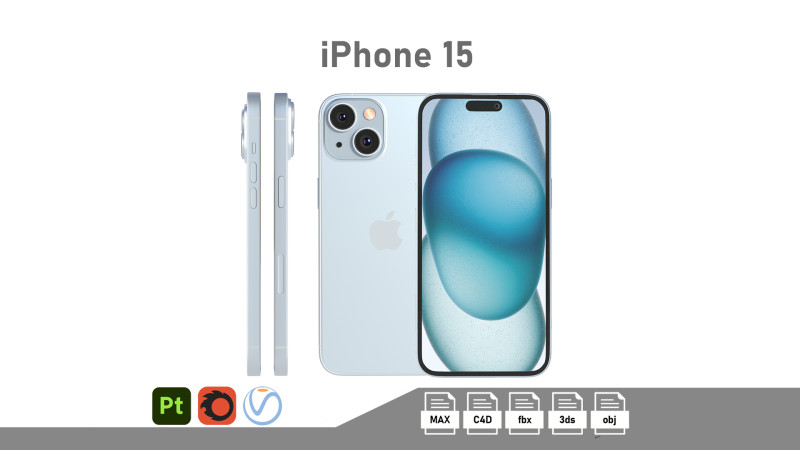 Apple iPhone 15 blue 3D 모델 .c4d .max .obj .3ds .fbx .stl .blend 
