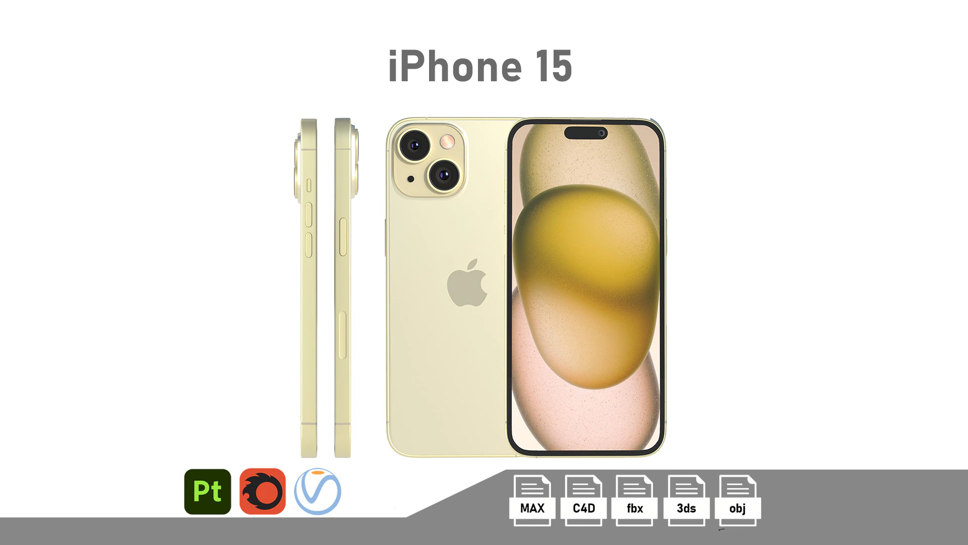Apple iPhone 15 yellow 3D Model .c4d .max .obj .3ds .fbx .stl .blend 