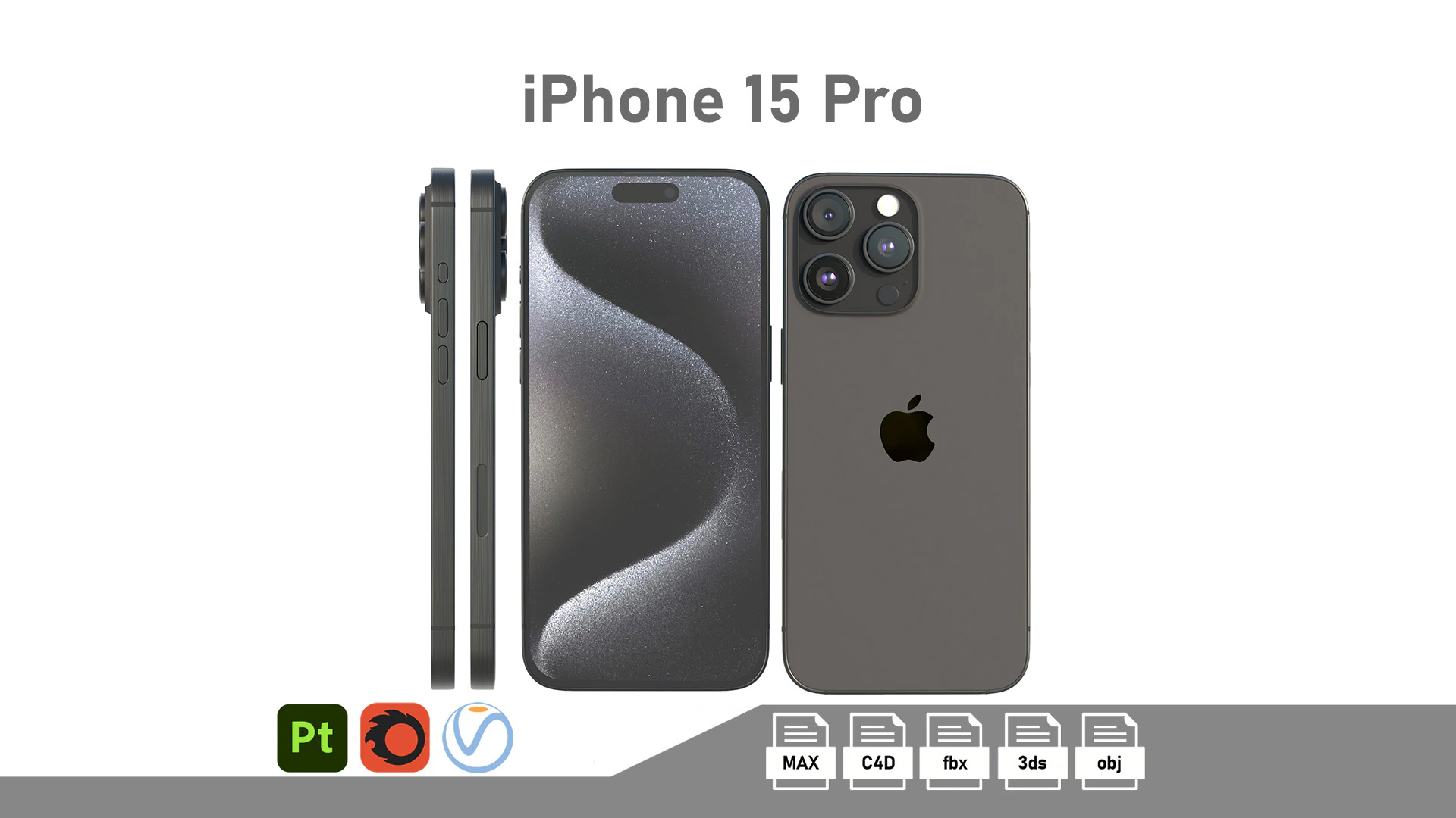 Apple iPhone 15 Pro Black Titanium 3D Model .c4d .max .obj .3ds .fbx .stl .blend 