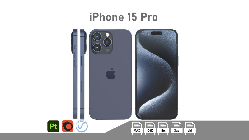 Apple iPhone 15 Pro Blue Titanium Modello 3D .c4d .max .obj .3ds .fbx .stl .blend 