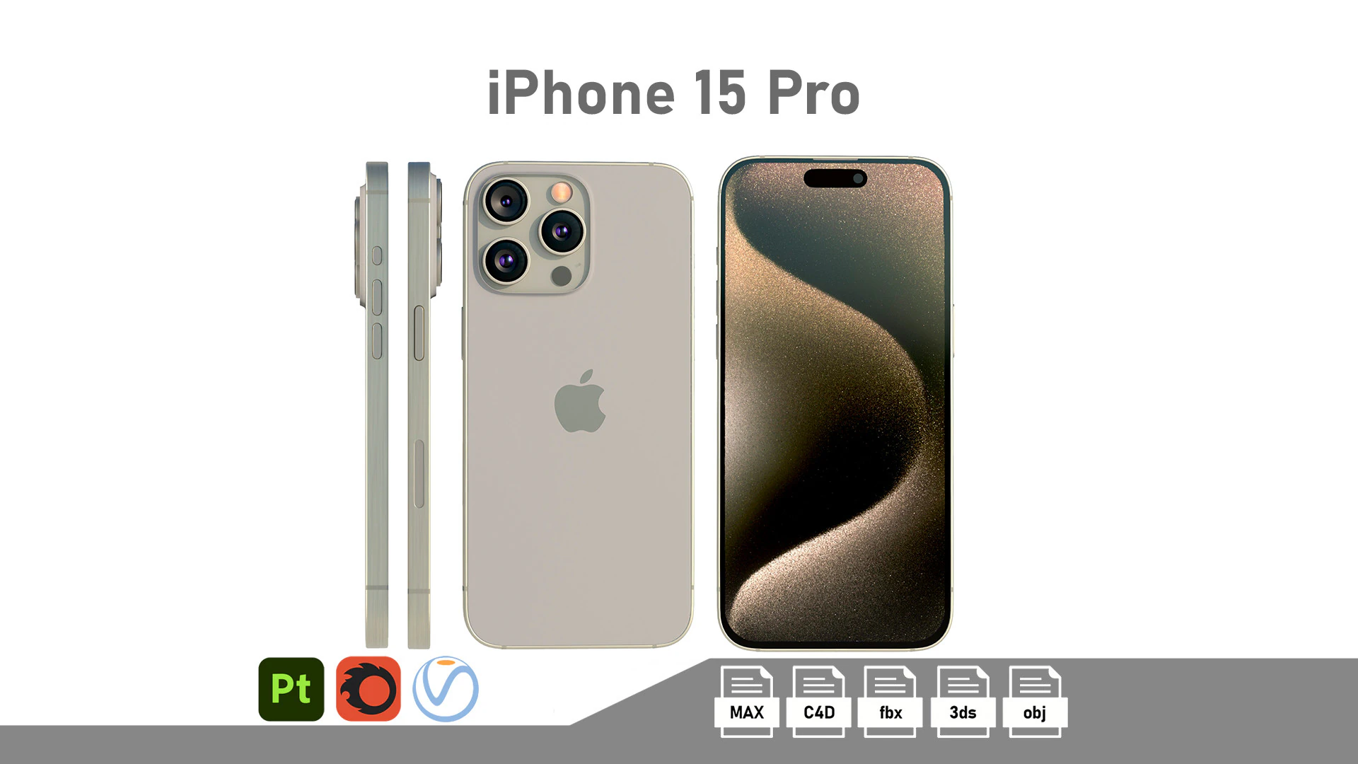Apple iPhone 15 Pro Natural Titanium 3D Model .c4d .max .obj .3ds .fbx .stl .blend 