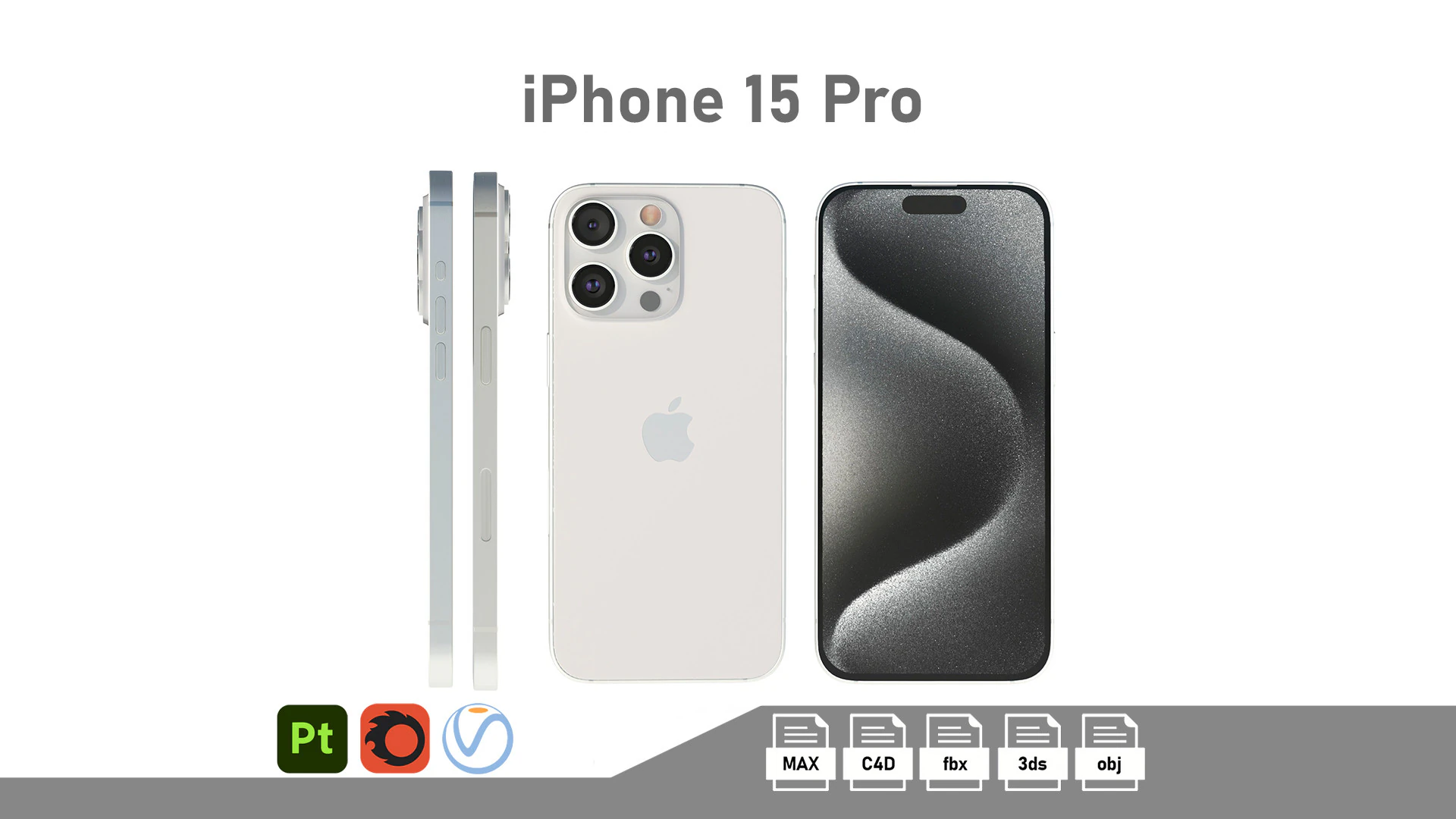 Apple iPhone 15 Pro White Titanium 3D Model .c4d .max .obj .3ds .fbx .stl .blend 