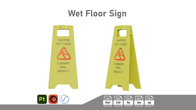 Wet Floor Sign 3D Модель .c4d .max .obj .3ds .fbx .stl .blend 