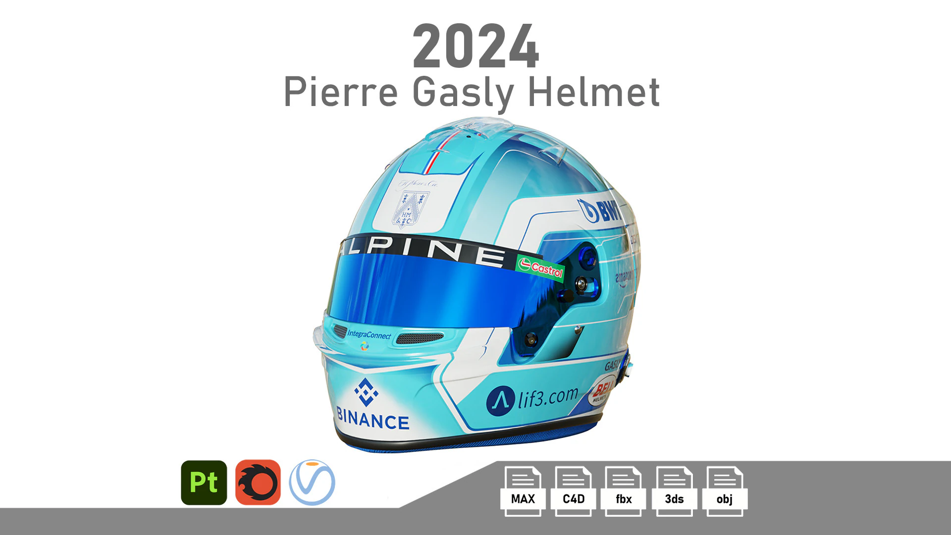 F1 Gasly Helmet 2024 3D Model .c4d .max .obj .3ds .fbx .stl .blend 