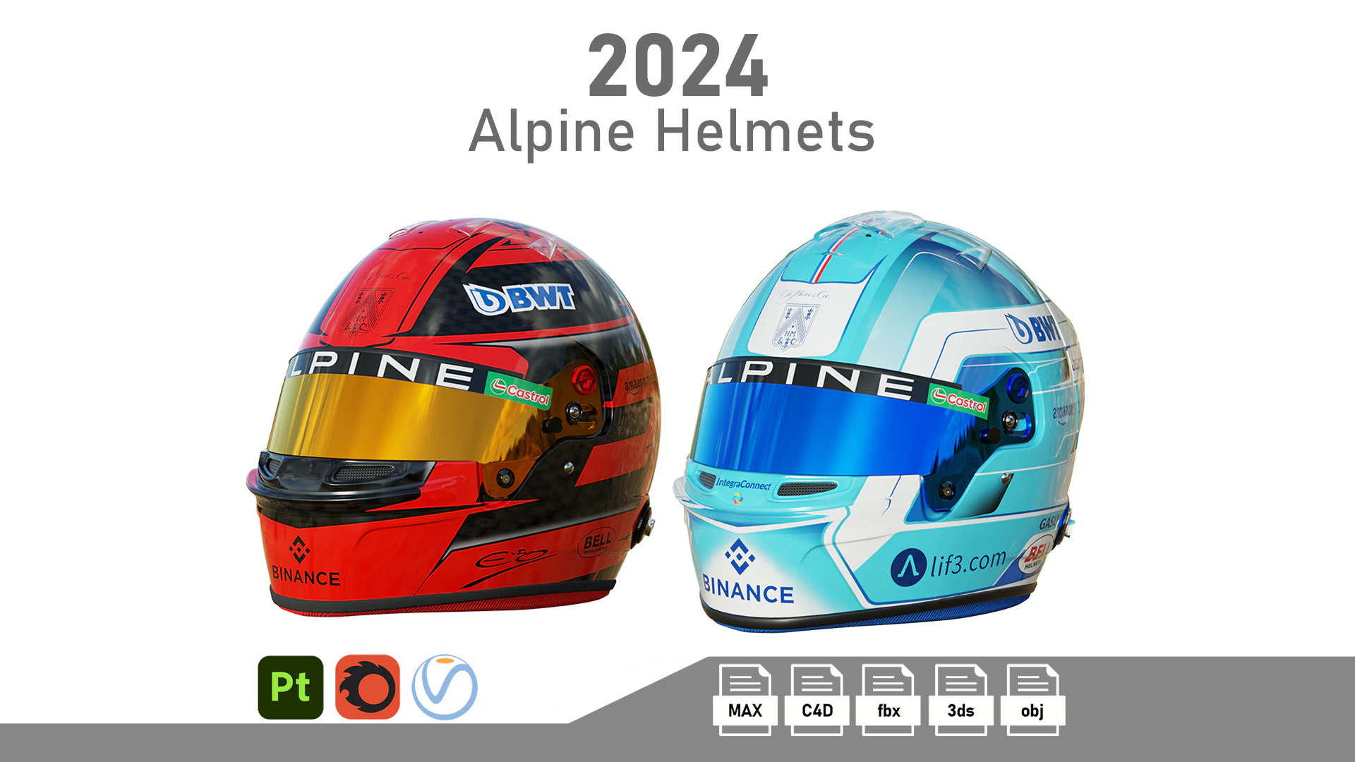 F1 Alpine Helmets 2024 3D Model .c4d .max .obj .3ds .fbx .stl .blend 