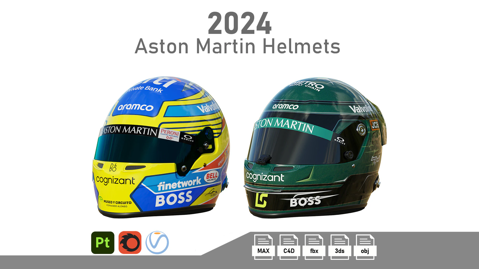 F1 Aston Martin Helmets 2024 3D Model .c4d .max .obj .3ds .fbx .stl .blend 