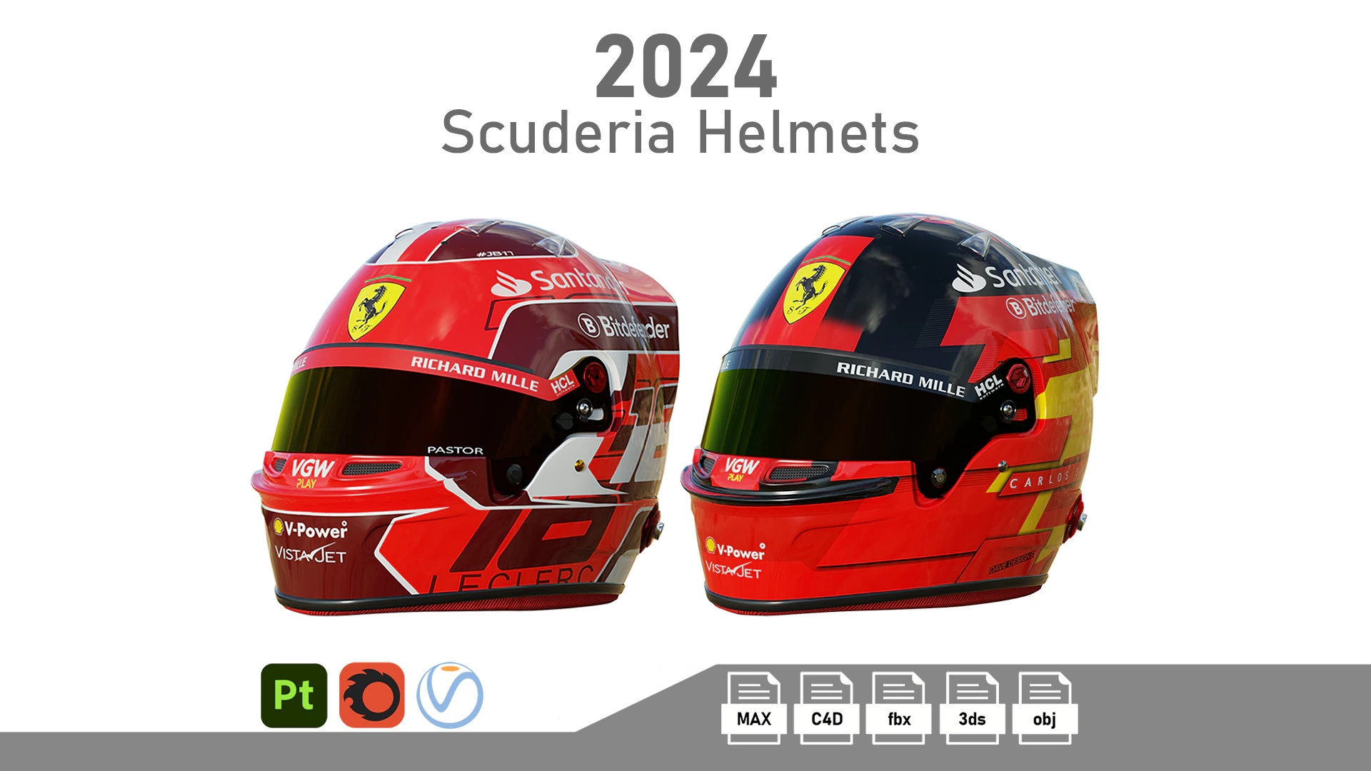 F1 Scuderia Helmets 2024 3D Model .c4d .max .obj .3ds .fbx .stl .blend