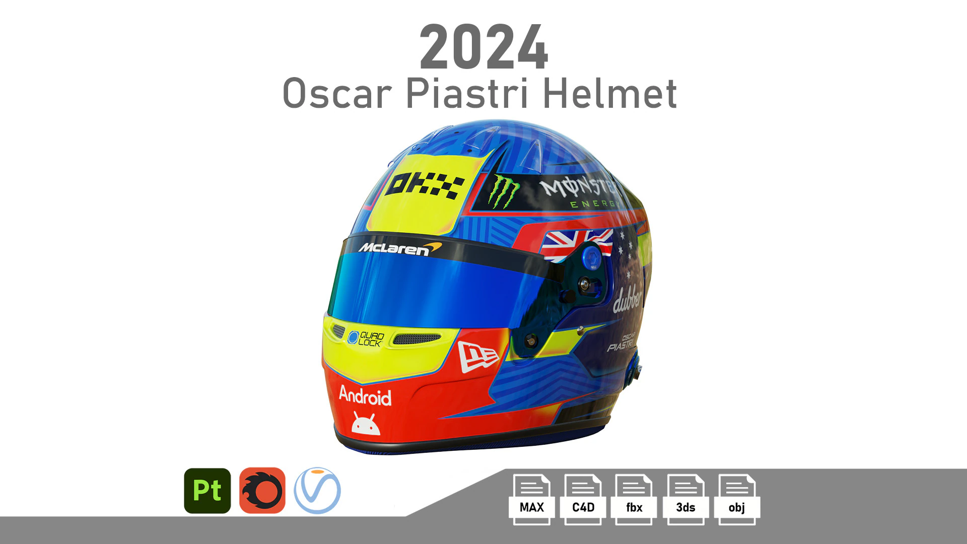 F1 Oscar Piastri Helmet 2024 3D Model .c4d .max .obj .3ds .fbx .stl .blend