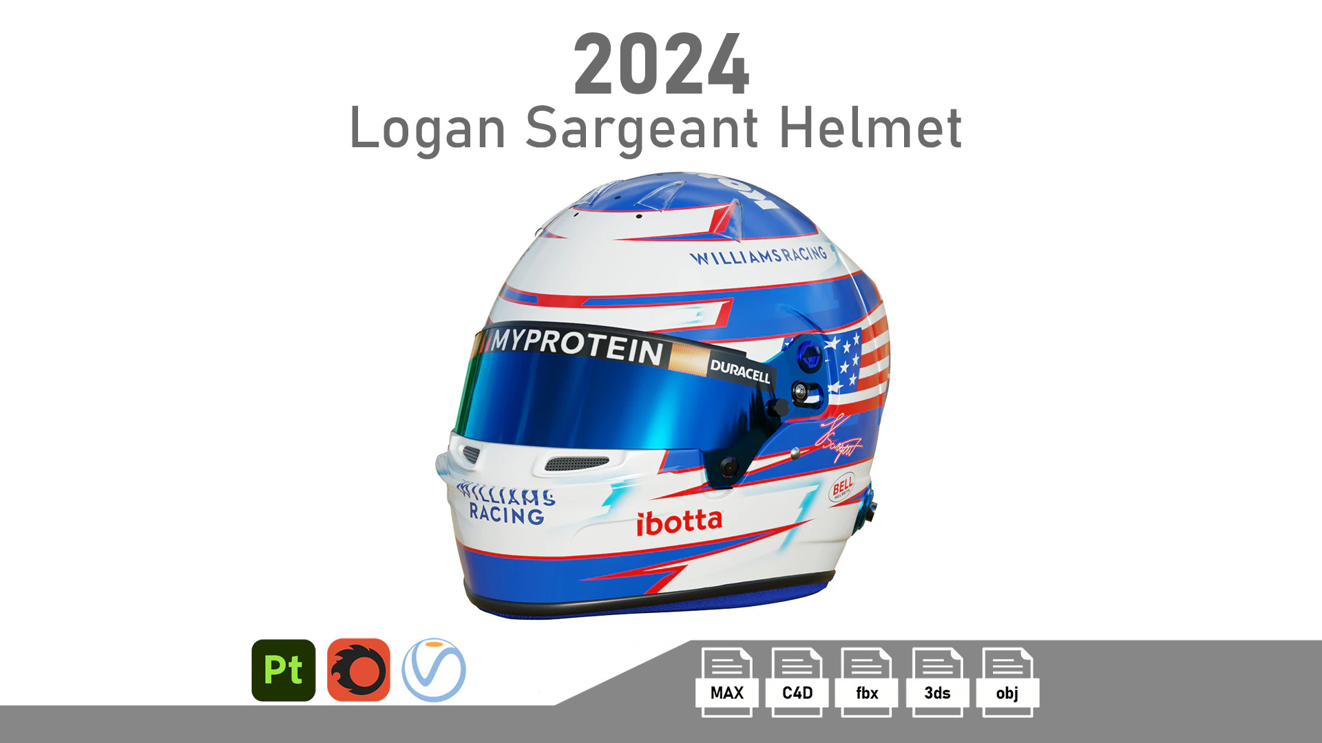 F1 Logan Sergeant Helmet 2024 3D Model .c4d .max .obj .3ds .fbx .stl .blend 