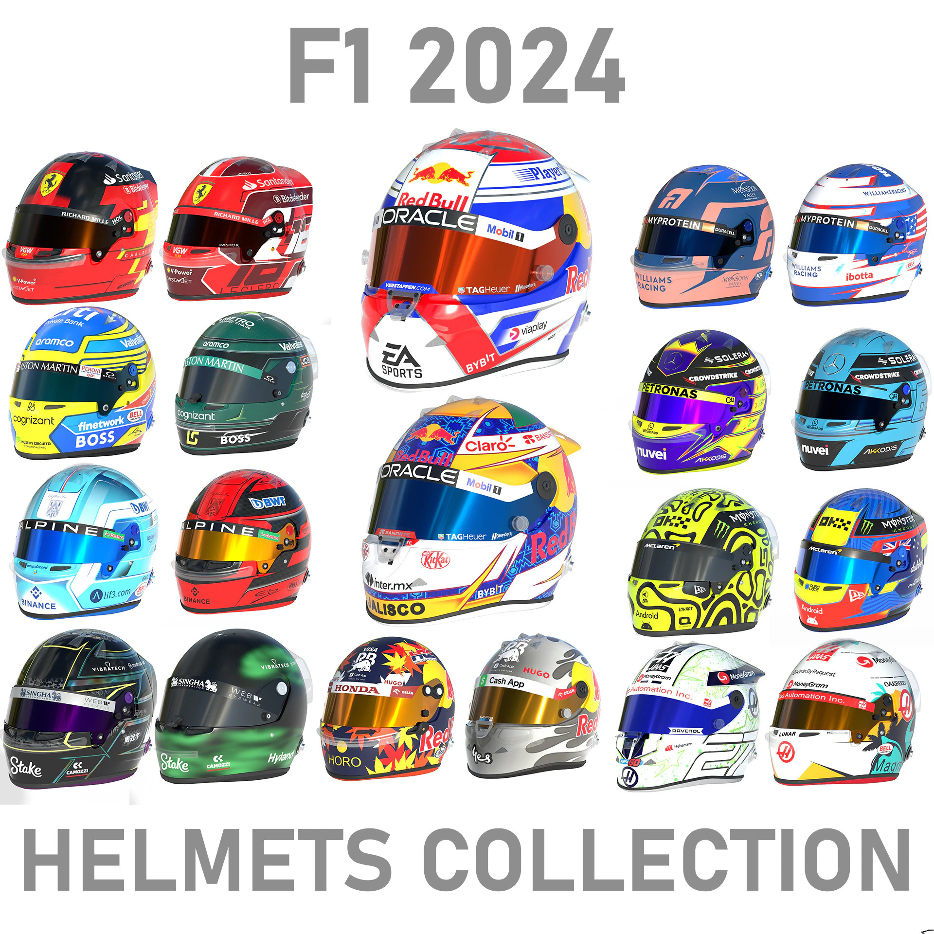 F1 2024 Helmets Collection 3D Model .c4d .max .obj .3ds .fbx .stl .blend 
