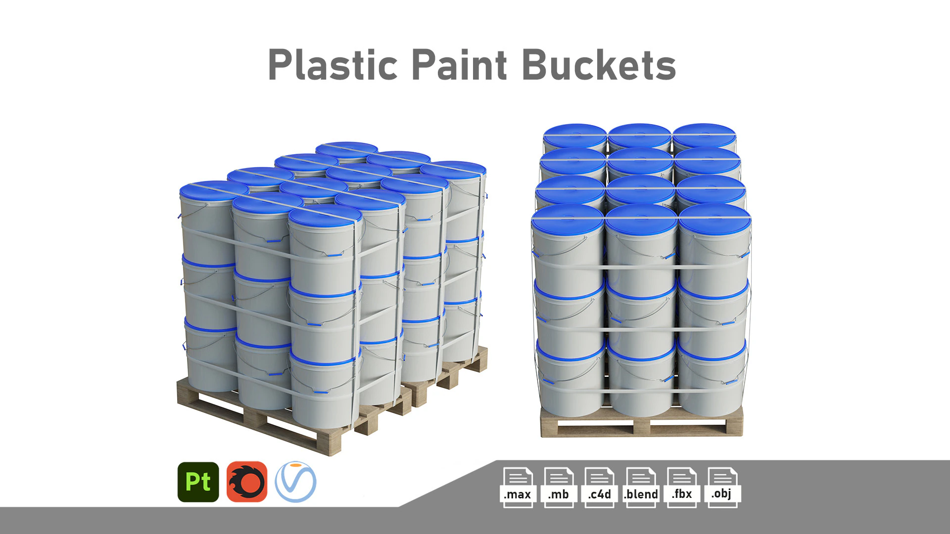 Secchi Di Vernice Di Plastica Su Pallet Di Legno Modello 3D .c4d .max .obj .3ds .fbx .stl .blend 