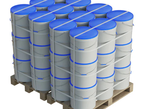 Secchi Di Vernice Di Plastica Su Pallet Di Legno Modello 3D