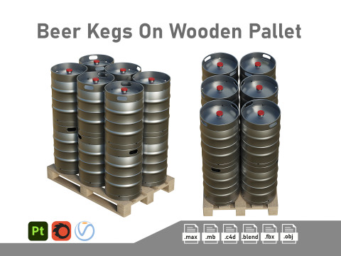 Beer Kegs On Wooden Pallet 3D Model