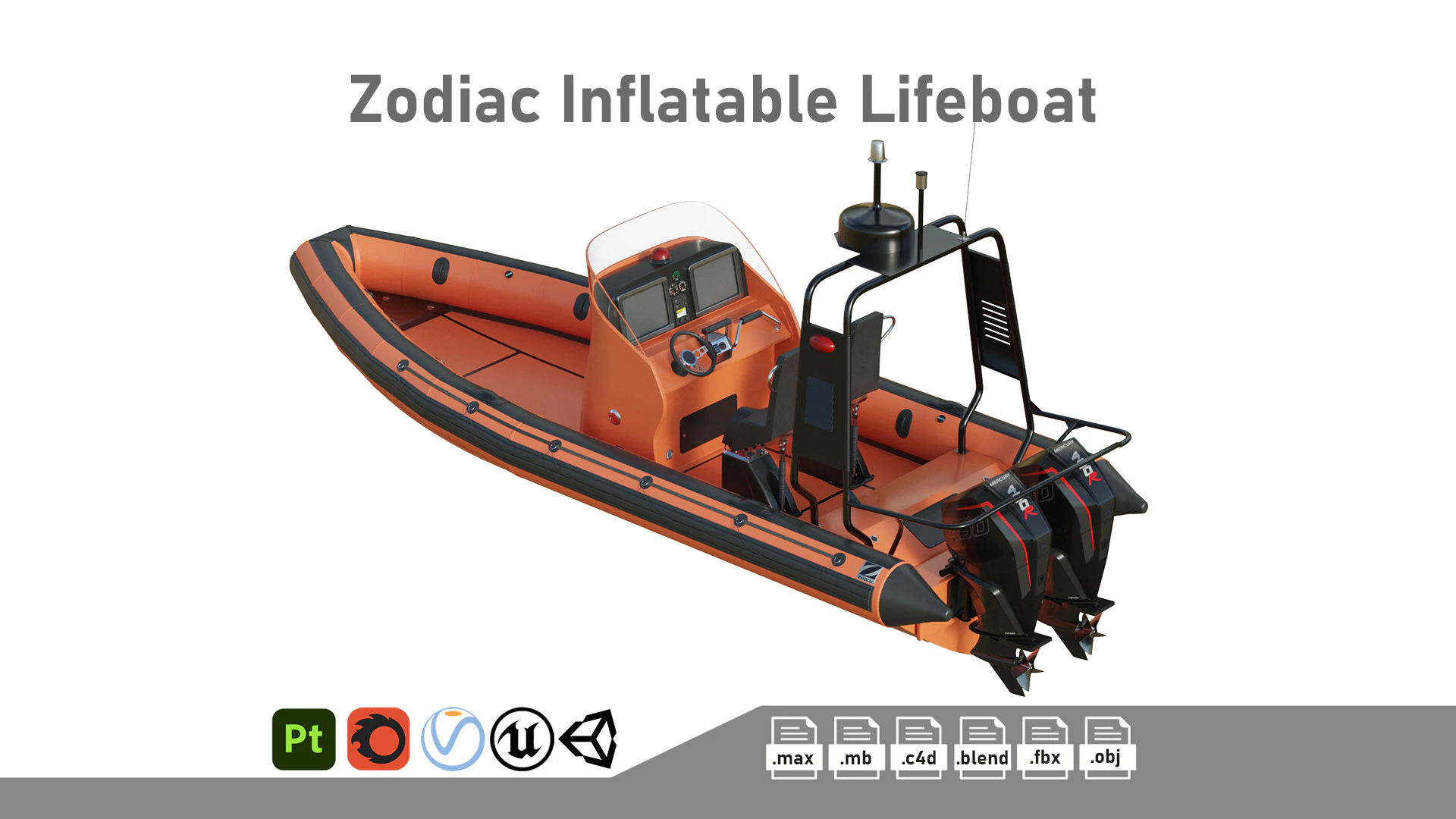 Zodiac Inflatable Lifeboat 3D Model .c4d .max .obj .3ds .fbx .stl .blend