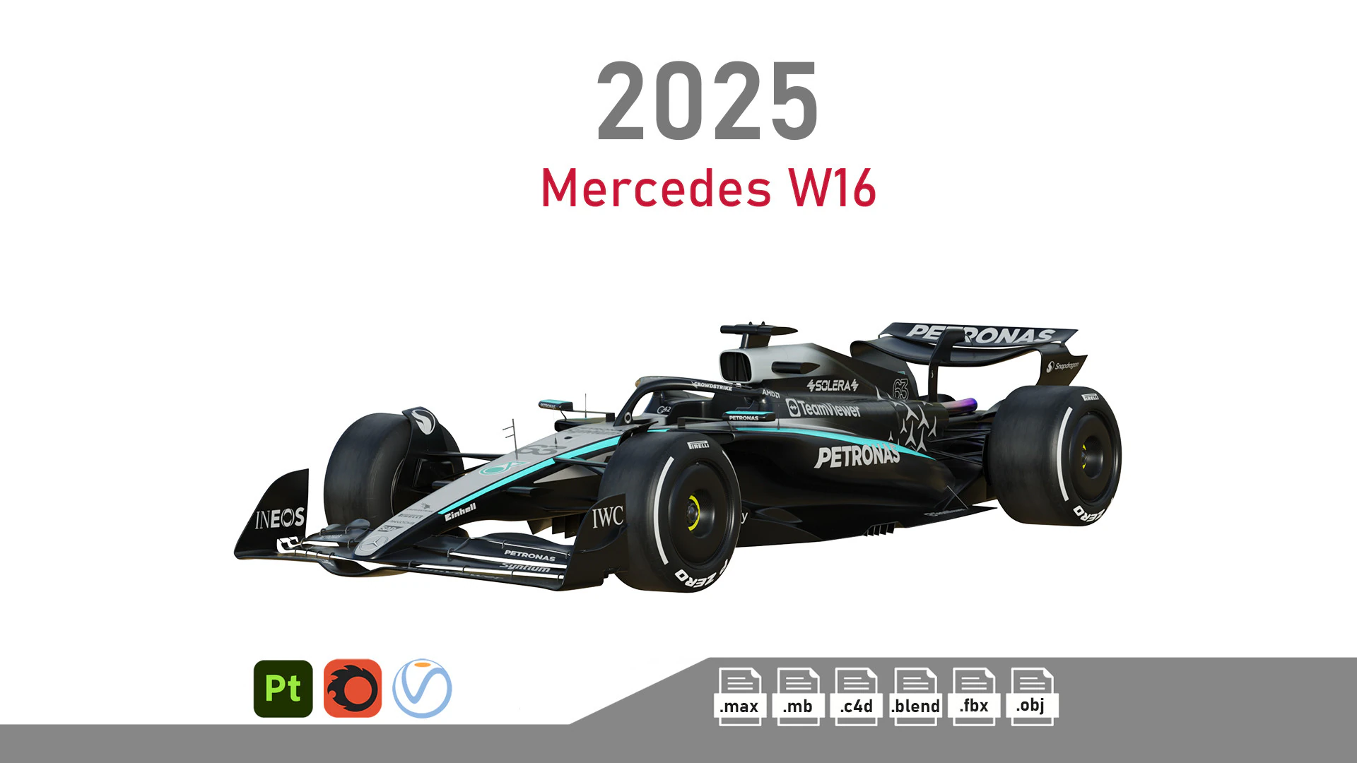 F1 Mercedes W16 2025 3D Model .c4d .max .obj .3ds .fbx .stl .blend 