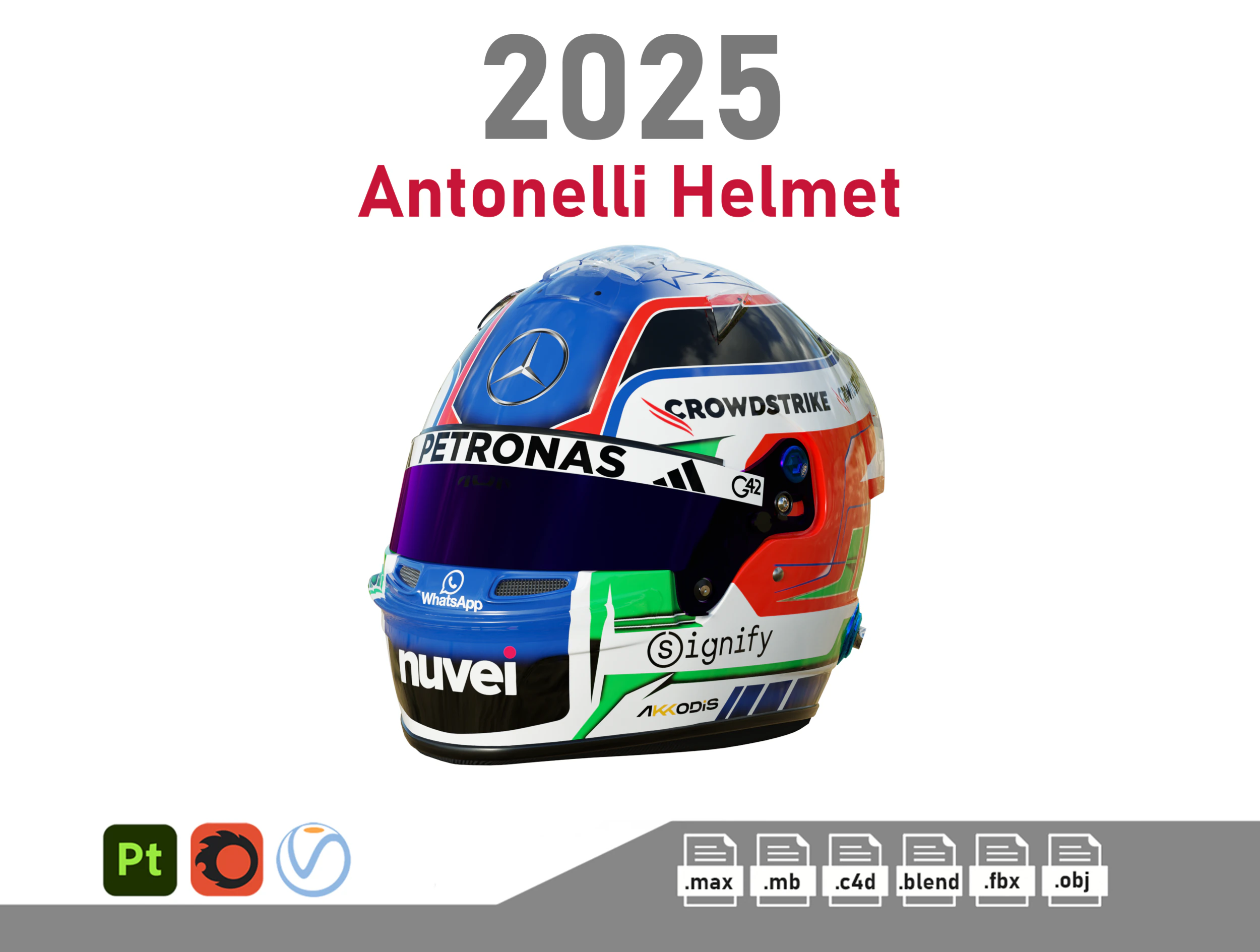 Casco F1 Andrea Kimi Antonelli 2025 Modello 3D .c4d .max .obj .3ds .fbx .stl .blend