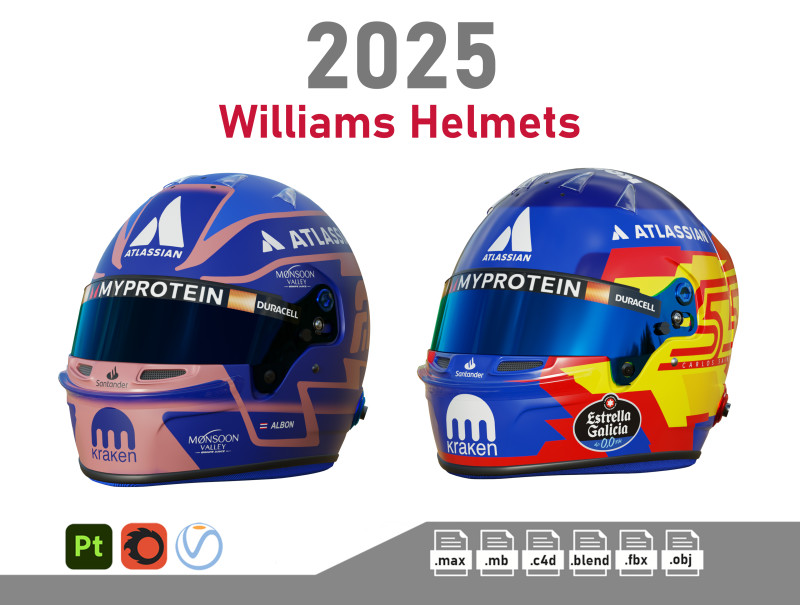 F1 Williams Team Helmets 2025 Modelo 3D .c4d .max .obj .3ds .fbx .stl .blend