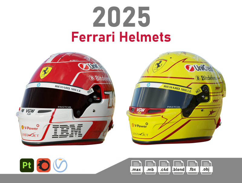 F1 Ferrari Team Helmets 2025 3D Модель .c4d .max .obj .3ds .fbx .stl .blend 