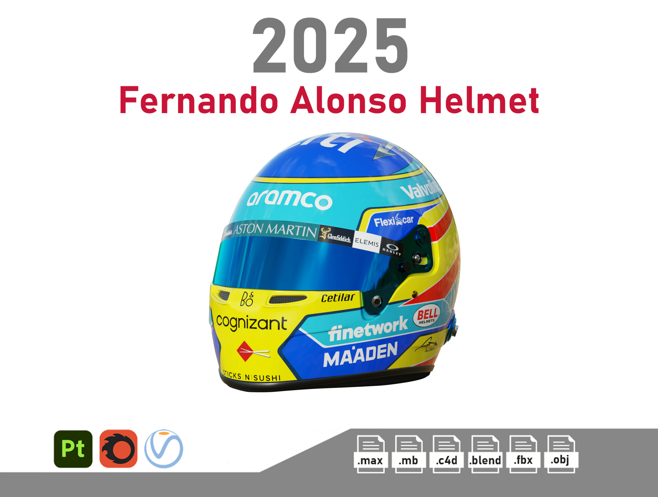 F1 Fernando Alonso Helmet 2025 3D Model .c4d .max .obj .3ds .fbx .stl .blend 