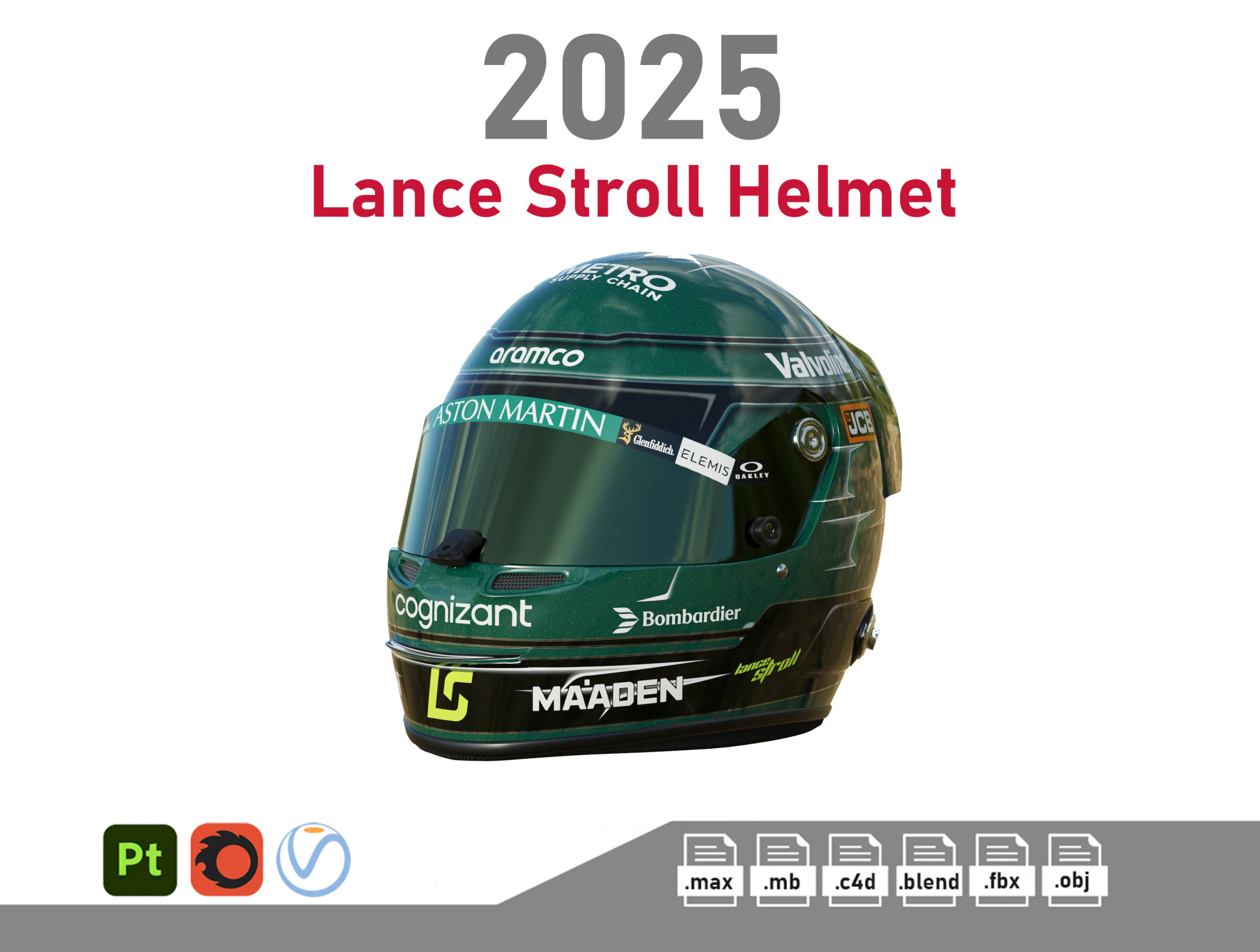 F1 Lance Stroll Helmet 2025 3D Model .c4d .max .obj .3ds .fbx .stl .blend 