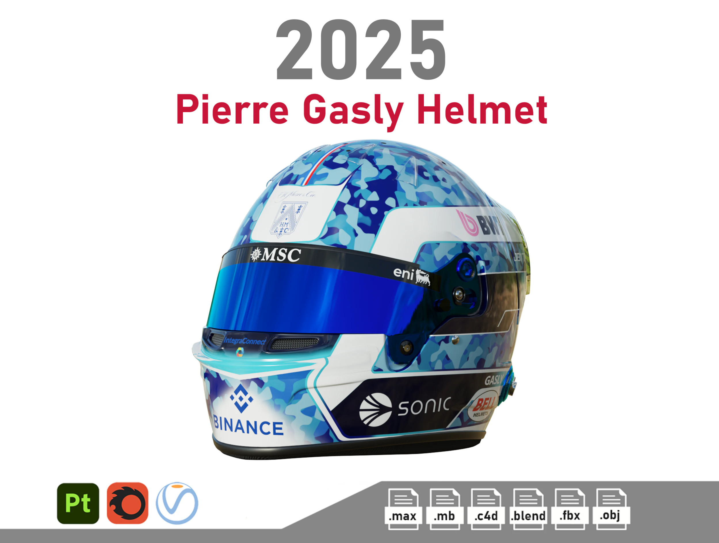 F1 Pierre Gasly Helmet 2025 3D Model .c4d .max .obj .3ds .fbx .stl .blend
