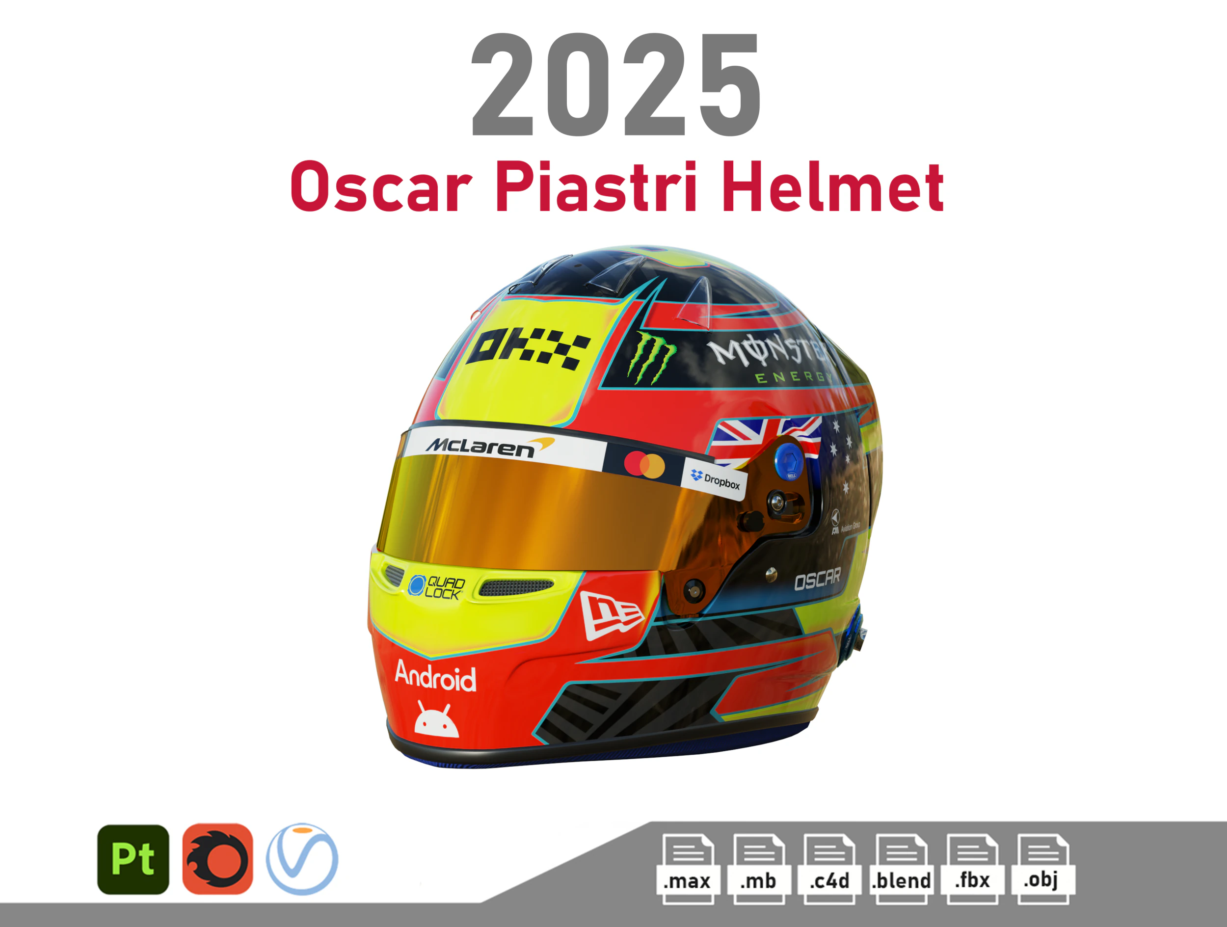 Casco F1 Oscar Piastri 2025 Modello 3D .c4d .max .obj .3ds .fbx .stl .blend