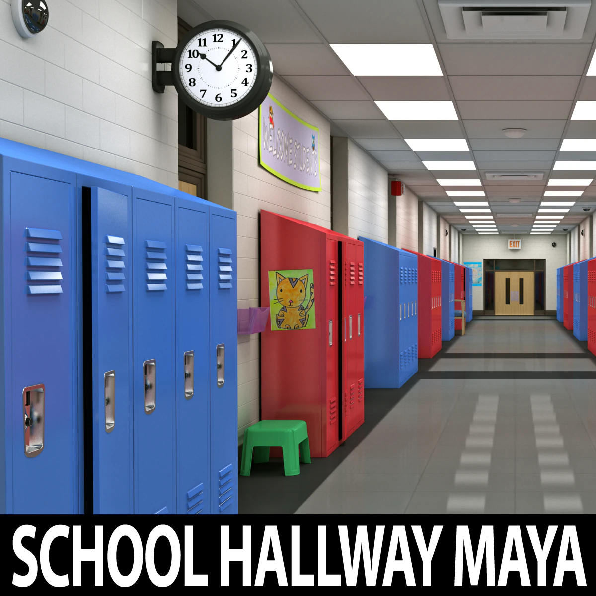 school hallway maya 3D Model .c4d .max .obj .3ds .fbx .stl .blend