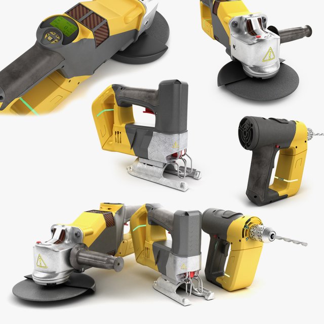 set of modern portable power tools drill grinder and jigsaw 3D मॉडल .c4d .max .obj .3ds .fbx .stl .blend 