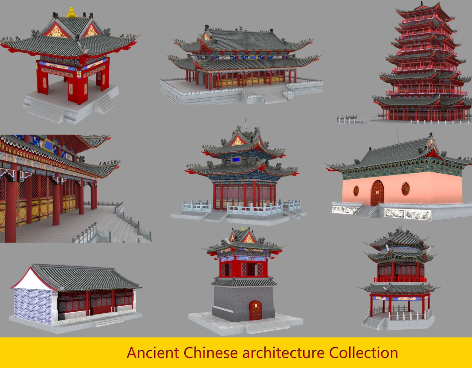 ancient chinese building pack 3D Model .c4d .max .obj .3ds .fbx .stl .blend 