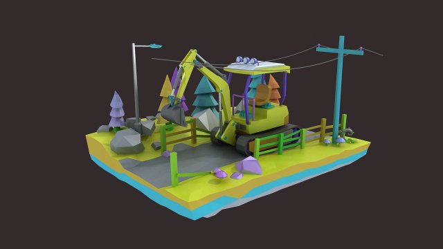 Cartoon diggers Low Poly Excavator Model 3D .c4d .max .obj .3ds .fbx .stl .blend 