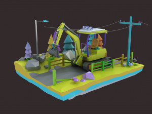 Cartoon diggers Low Poly Excavator 3D Models