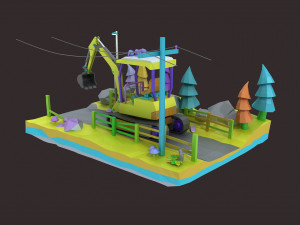 Cartoon diggers Low Poly Excavator Model 3D