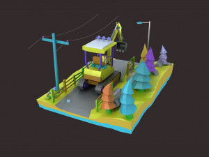 Cartoon diggers Low Poly Excavator Model 3D