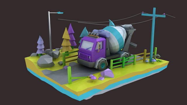 Low poly truck camion mixer truck cargo heavy motortruck Model 3D .c4d .max .obj .3ds .fbx .stl .blend 