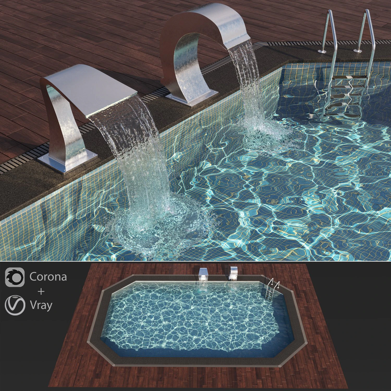 swimming pool waterfall 3D Model .c4d .max .obj .3ds .fbx .stl .blend 