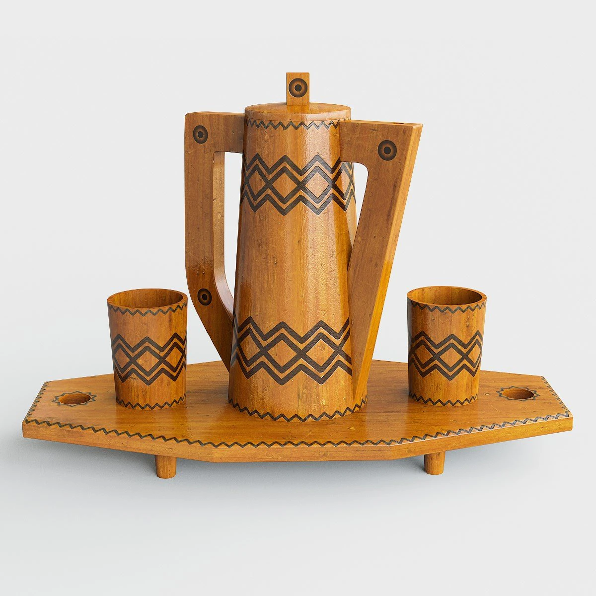 Wooden tray with jug and glasses 3D Model .c4d .max .obj .3ds .fbx .stl .blend 
