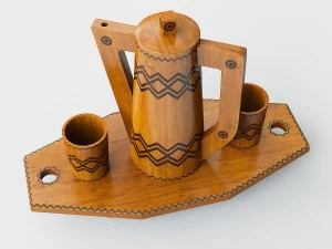 Wooden tray with jug and glasses 3D Model