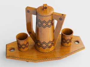Wooden tray with jug and glasses 3D Model